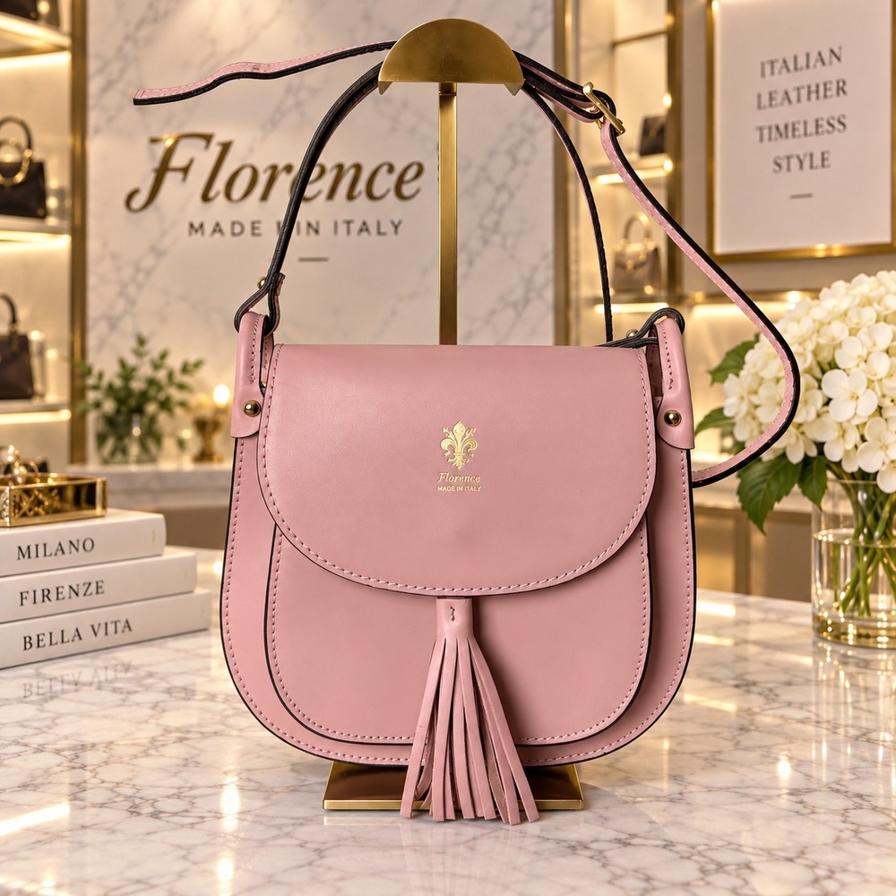 Florence Made in Italy Pink Leather Crossbody Bag Tassel Saddle